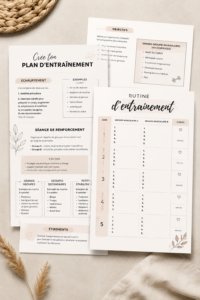 Une femme effectuant des exercices de fitness à la maison avec un guide d'entraînement téléchargeable.