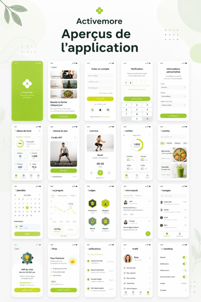 Capture d'écran d'une application de fitness avec des exercices variés
