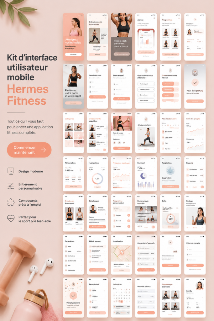 Capture d'écran de l'application Hermès fitness, mettant en avant une interface élégante et intuitive.
