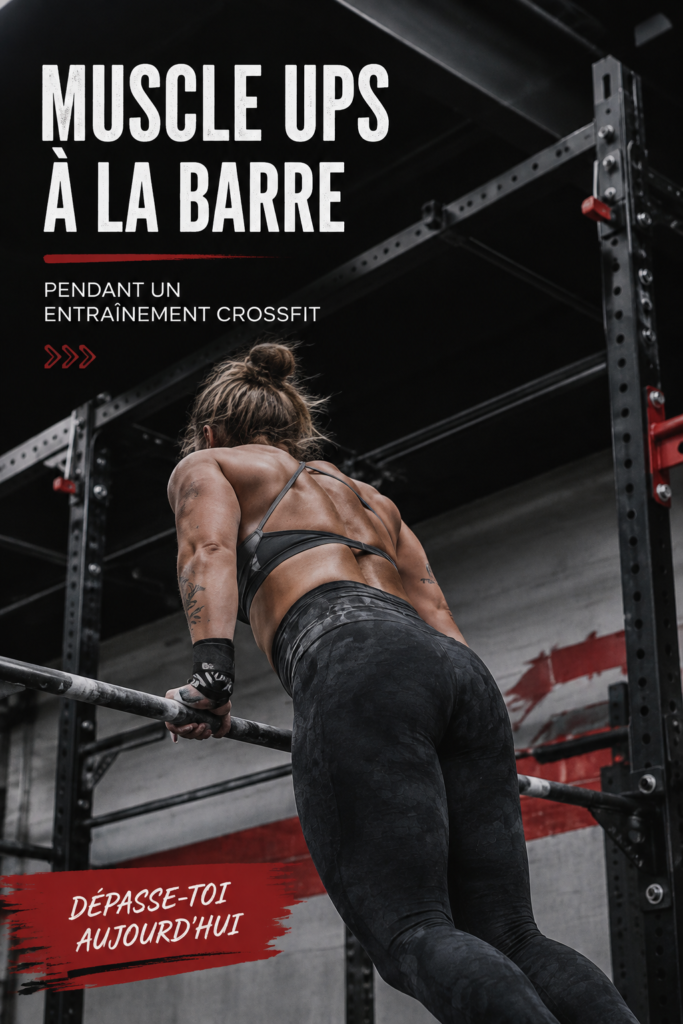Femme réalisant un Bar Muscle Up dans un gymnase CrossFit.