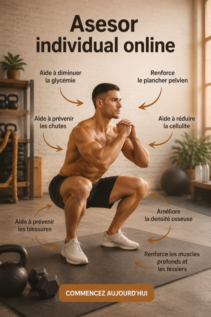 Femme souriante en pleine séance de coaching personnel en ligne, entourée de matériel de fitness.