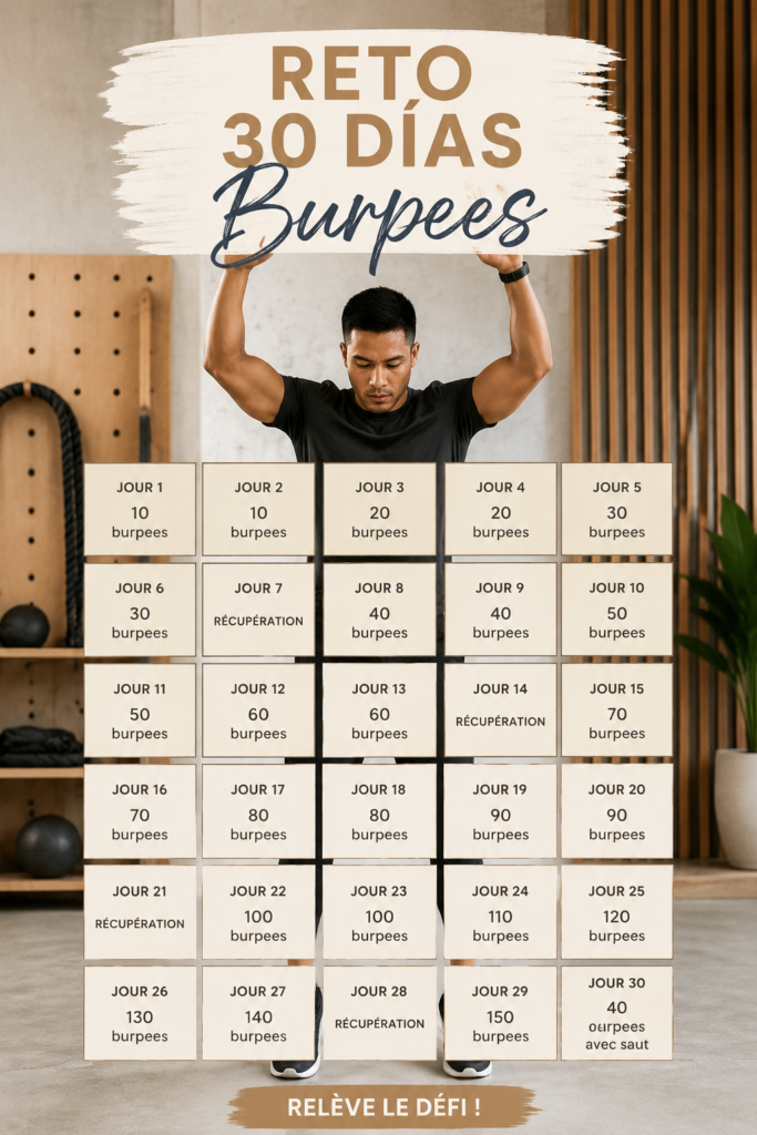 Femme réalisant des burpees, mettant en avant le défi de 30 jours de burpees au fitness.