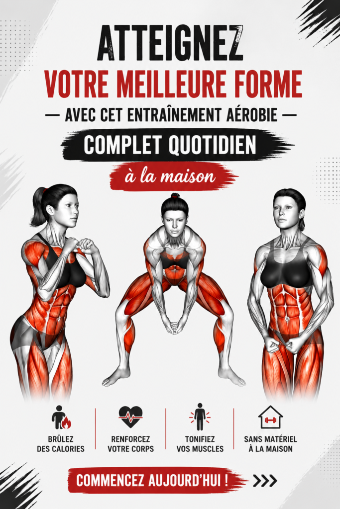 Femme réalisant un entraînement complet aérobie à la maison.