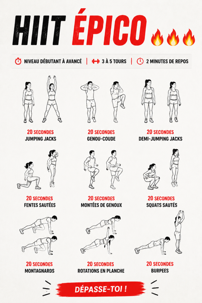 Femme s'entraînant avec une série d'exercices HIIT en extérieur.