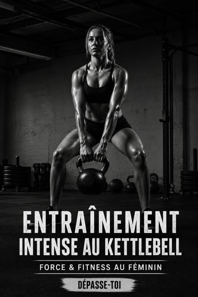 Femme en train de s'entraîner avec un kettlebell, symbole de force et de fitness féminin.
