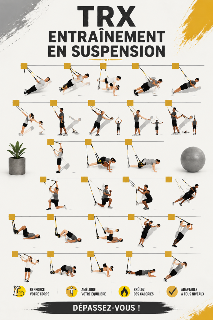 Femme utilisant le TRX pour un entraînement en suspension, renforçant ses muscles dans un cadre domestique.