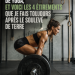 Femme pratiquant des étirements après une séance de musculation, soulageant ses muscles après le deadlift.