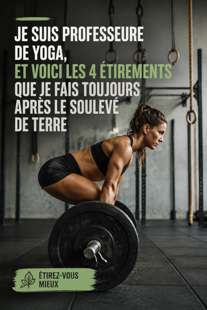 Femme pratiquant des étirements après une séance de musculation, soulageant ses muscles après le deadlift.