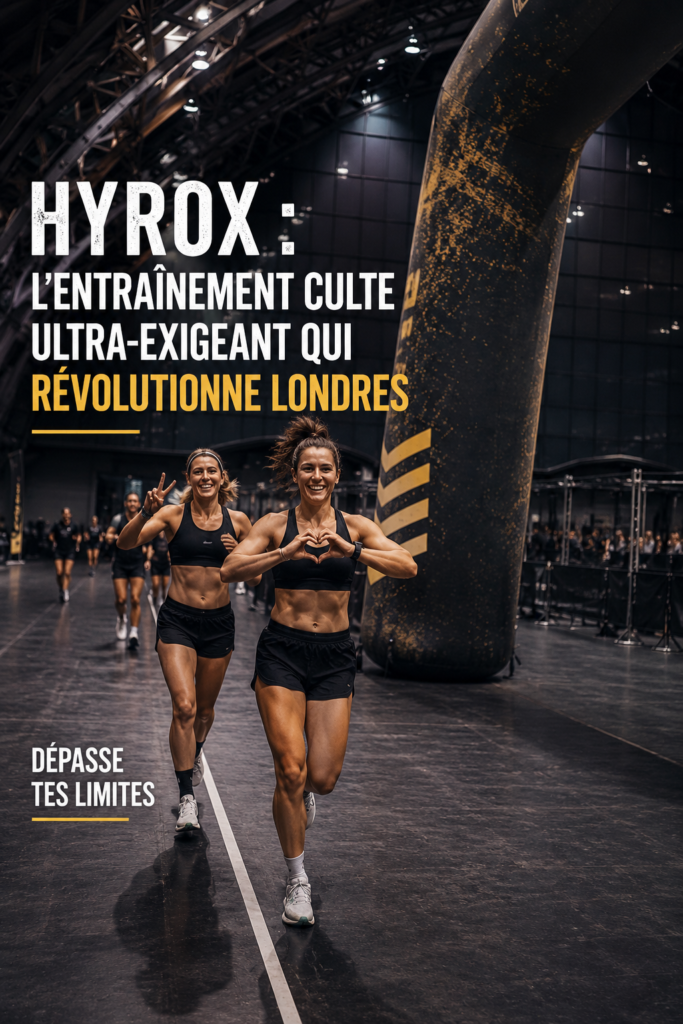 Une femme enthousiaste participant à une course Hyrox, entourée d'autres concurrentes en action.