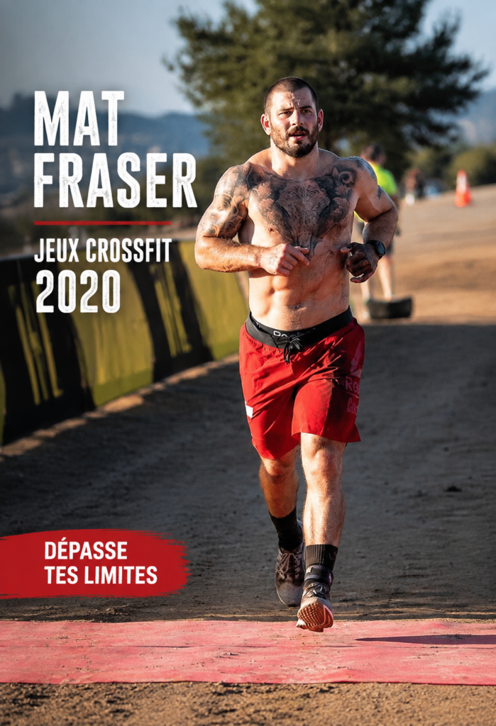 Portrait de Mat Fraser, champion de CrossFit, en compétition, mettant en avant sa détermination et sa force.