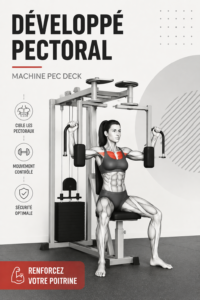 Femme réalisant un Pec Deck Fly dans une salle de sport, concentrée sur son entraînement.