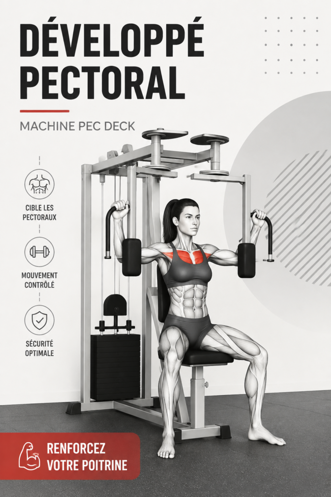 Femme réalisant un Pec Deck Fly dans une salle de sport, concentrée sur son entraînement.