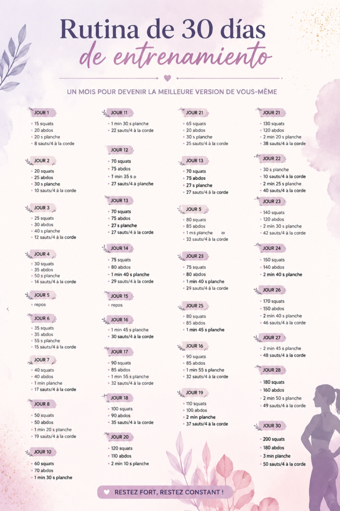 Programme de fitness de 30 jours pour femmes, avec des exercices adaptés à tous les niveaux.