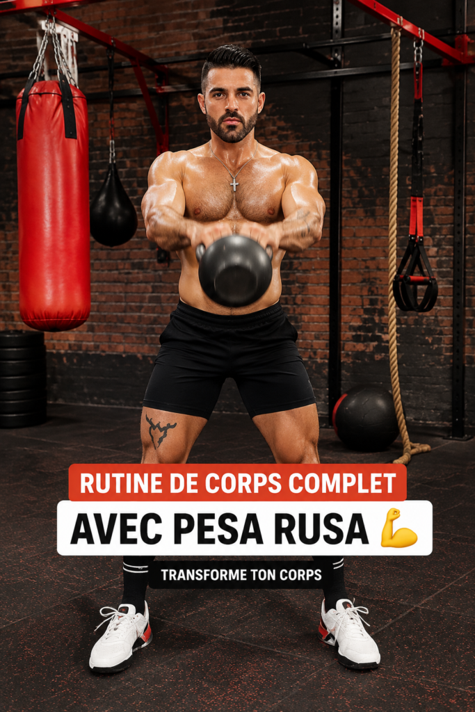 Femme faisant une routine d'entraînement complète avec une kettlebell dans un cadre chaleureux et accueillant.