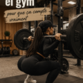 Femme prenant un selfie motivant au gym avec des équipements de fitness en arrière-plan.