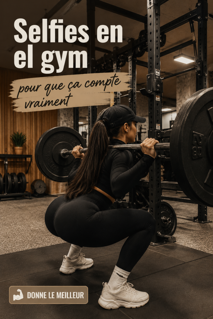 Femme prenant un selfie motivant au gym avec des équipements de fitness en arrière-plan.