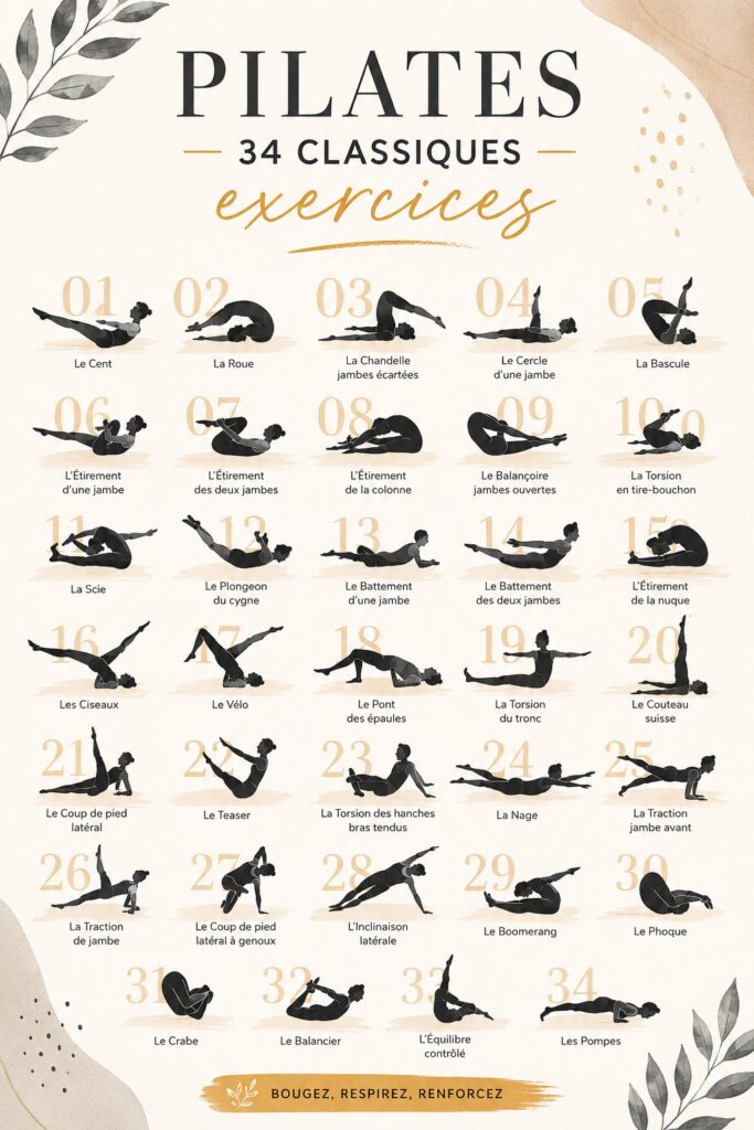 Femme faisant une posture de Pilates avec un tapis sur le sol, renforçant son corps.