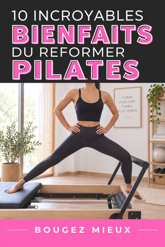Séance de Pilates Reformer avec une femme âgée de 30 à 50 ans qui se concentre sur ses mouvements.