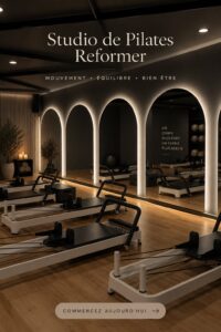 Femme pratiquant le Pilates dans un studio, concentrée et sereine.