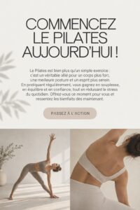 Une femme souriante pratiquant le Pilates dans un environnement paisible, illustrant le bien-être et la relaxation.