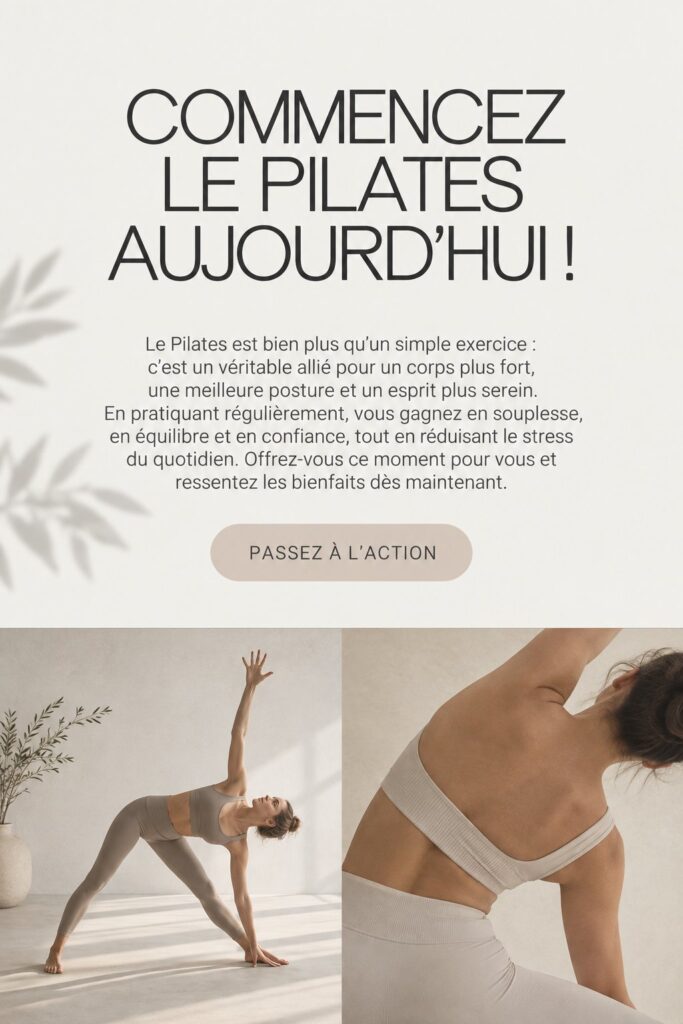 Une femme souriante pratiquant le Pilates dans un environnement paisible, illustrant le bien-être et la relaxation.