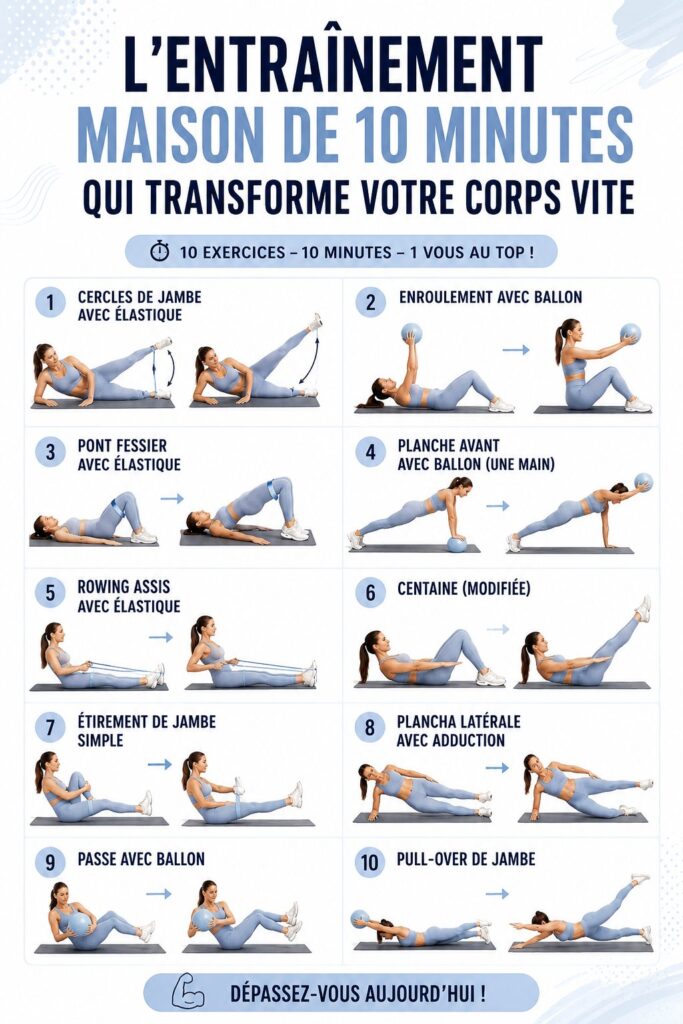 Femme en pleine séance d'entraînement de 10 minutes à domicile pour un corps transformé.
