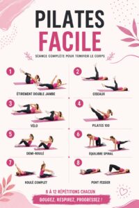 Femme pratiquant des exercices de Pilates dans son salon, se concentrant sur sa respiration et sa posture.