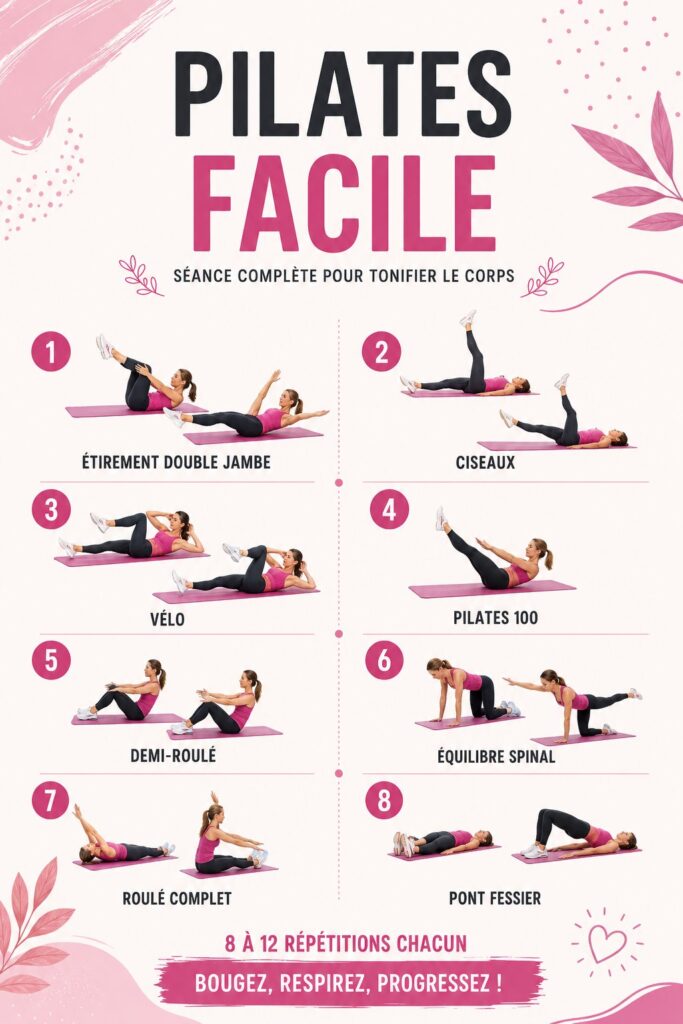 Femme pratiquant des exercices de Pilates dans son salon, se concentrant sur sa respiration et sa posture.