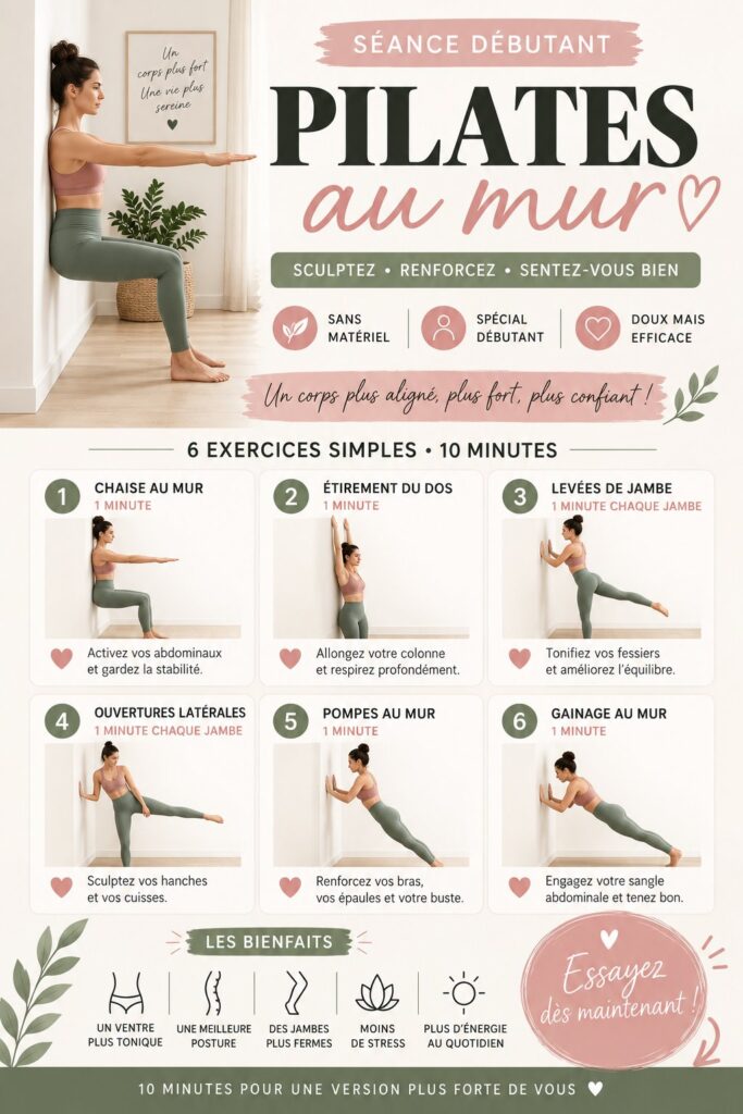 Femme pratiquant des exercices de pilates mural à la maison pour tonifier son corps.
