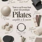 Femme pratiquant le Pilates à la maison sur un tapis avec des accessoires.
