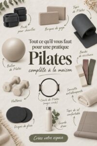 Femme pratiquant le Pilates à la maison sur un tapis avec des accessoires.