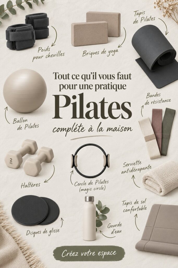 Femme pratiquant le Pilates à la maison sur un tapis avec des accessoires.
