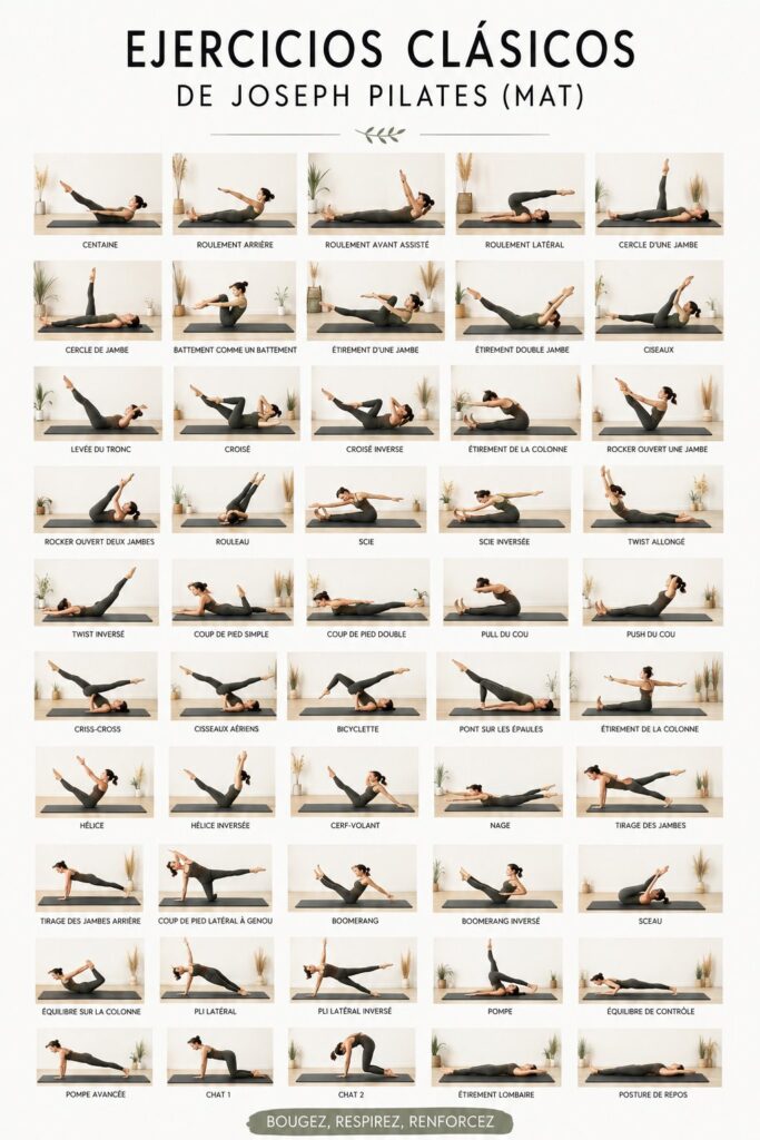 Femme pratiquant des exercices classiques de Pilates sur un tapis