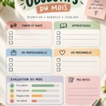 Femme faisant des exercices de fitness avec un carnet d'objectifs mensuels
