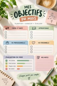 Femme faisant des exercices de fitness avec un carnet d'objectifs mensuels