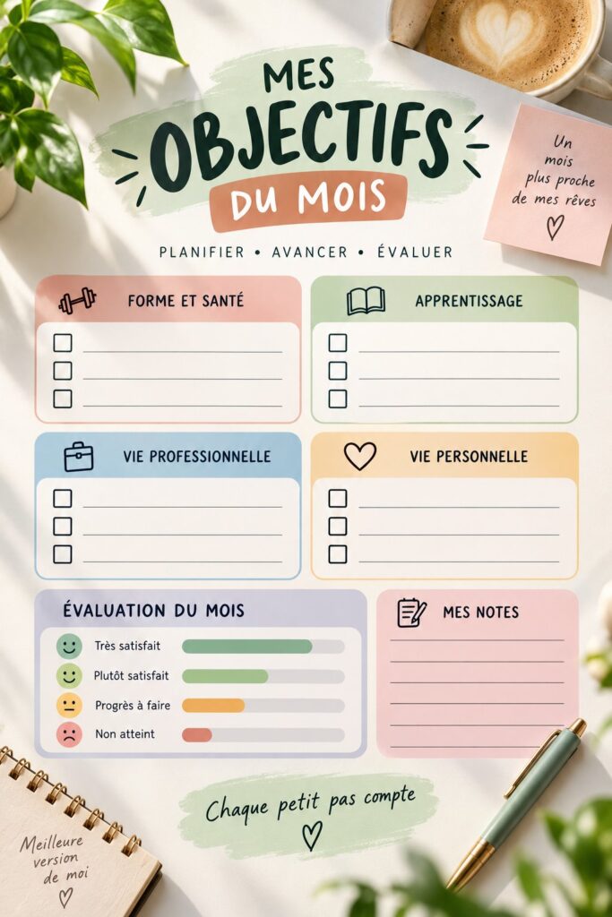 Femme faisant des exercices de fitness avec un carnet d'objectifs mensuels