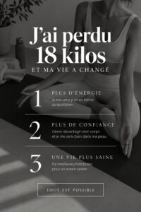 Portrait d'une femme souriante montrant sa transformation après avoir perdu 18 kilos.