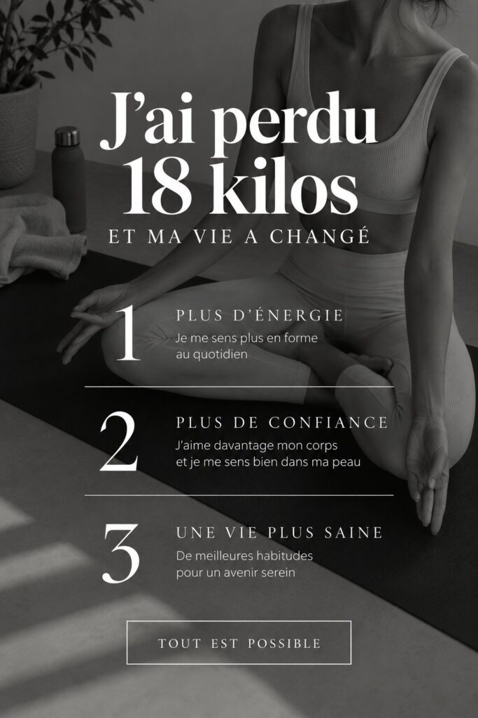 Portrait d'une femme souriante montrant sa transformation après avoir perdu 18 kilos.