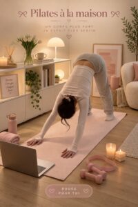Femme pratiquant le Pilates dans son salon, montrant une posture de renforcement musculaire.