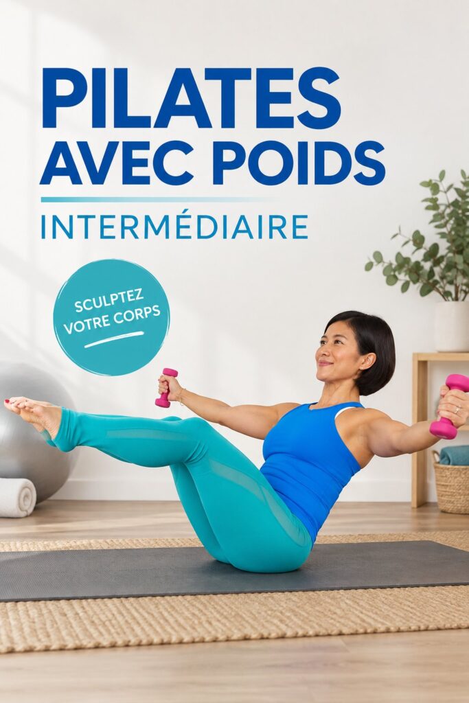 Femme réalisant un exercice de Pilates avec des poids, en pleine concentration.