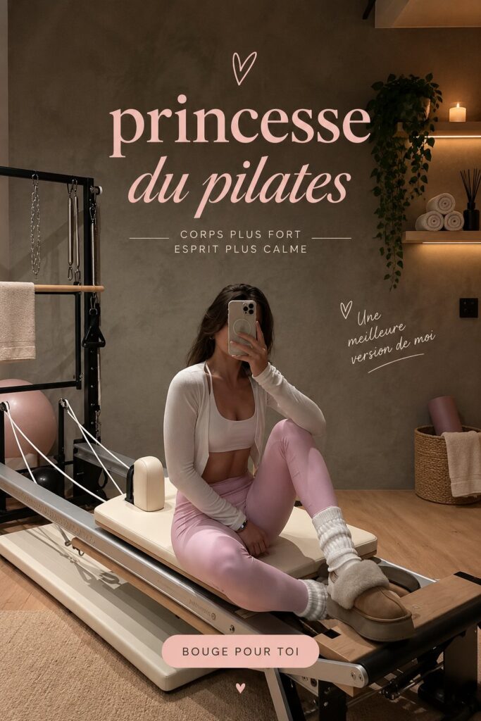 Femme pratiquant le Pilates avec des accessoires roses, a l'air énergique et motivée.