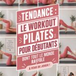Femme débutante s'exerçant au Pilates avec un tapis, souriante et concentrée sur ses mouvements.