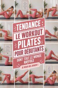 Femme débutante s'exerçant au Pilates avec un tapis, souriante et concentrée sur ses mouvements.