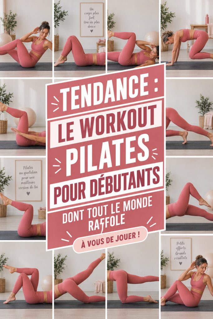 Femme débutante s'exerçant au Pilates avec un tapis, souriante et concentrée sur ses mouvements.