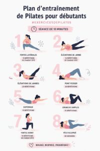 Une femme débutante pratiquant le Pilates sur un tapis dans un cadre serein.