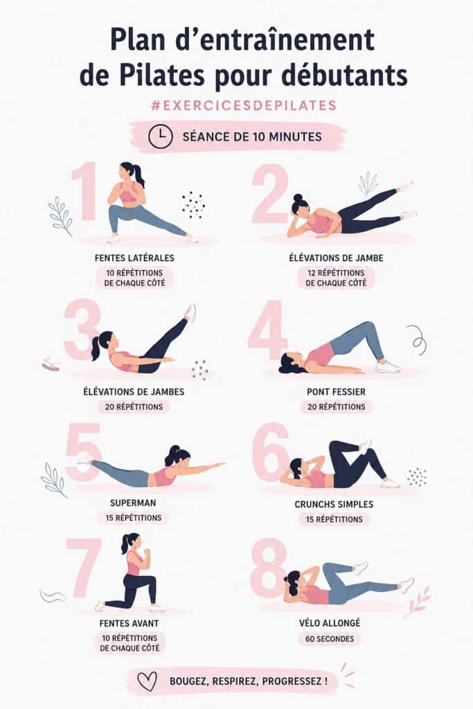 Une femme débutante pratiquant le Pilates sur un tapis dans un cadre serein.