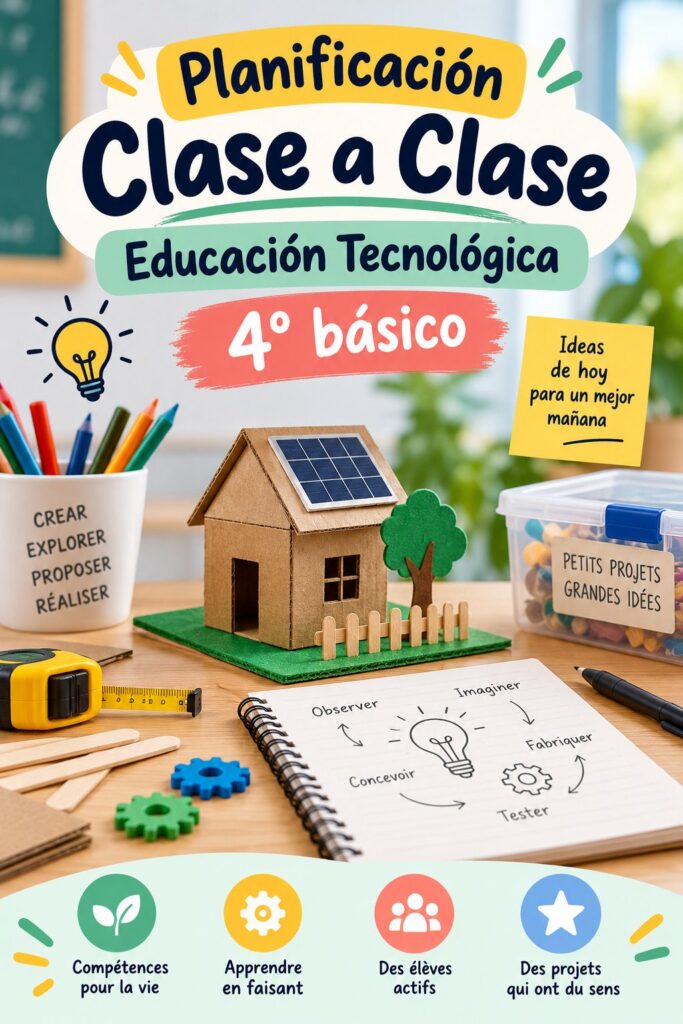 Une enseignante rédige un plan de cours pour l'éducation technologique avec des élèves attentifs.