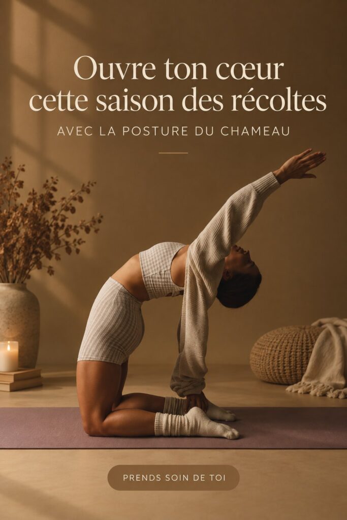 Femme réalisant la posture du chameau lors d'une séance de yoga en extérieur, améliorant sa flexibilité et son ouverture thoracique.