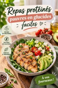 Assiette de repas protéinés simples et colorés, faibles en glucides