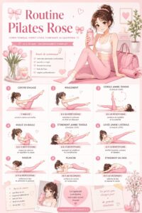 Femme faisant du Pilates sur un tapis rose, illustration du bien-être.